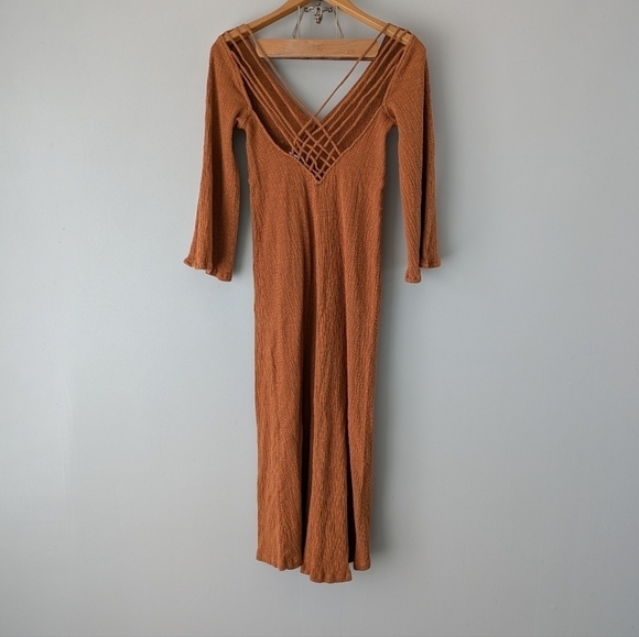 Free People Dress Women's S Brown Tan Midi V-Neck Strappy Back Beach Cotton - Picture 6 of 9